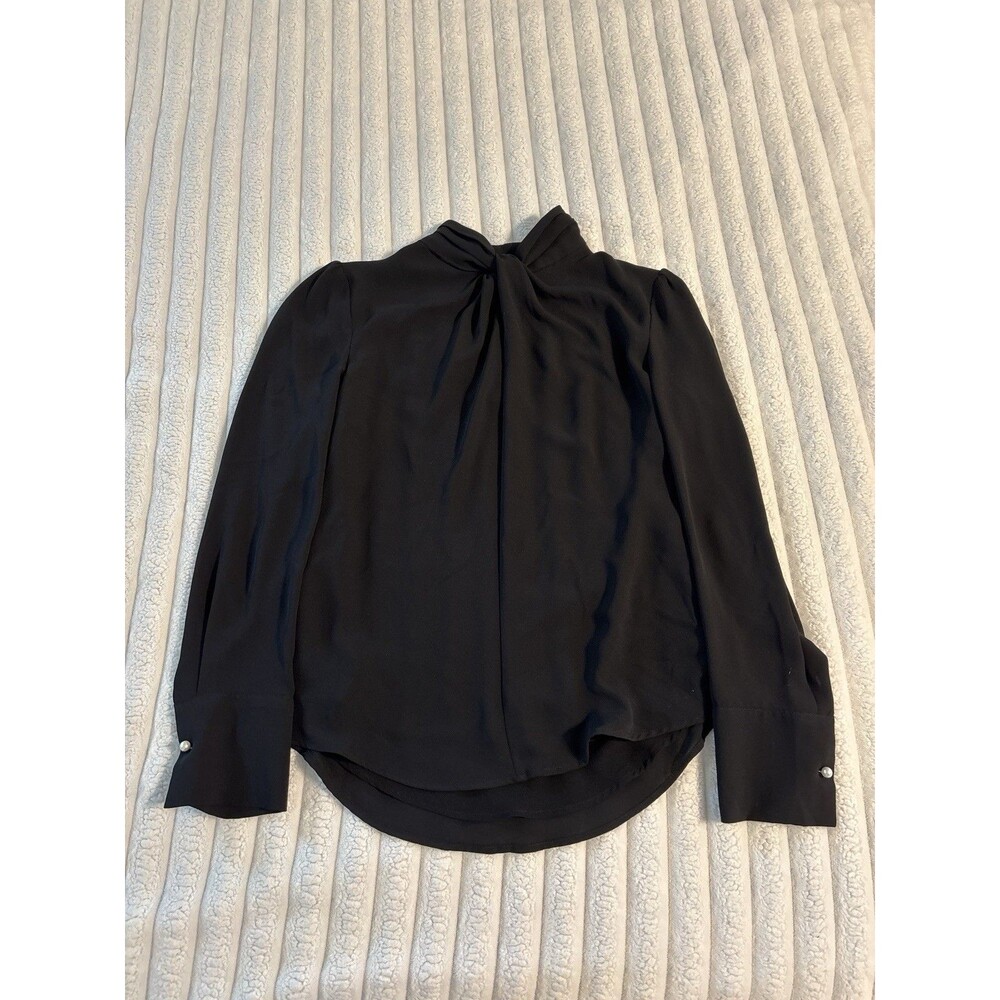 White House Black Market Blouse Top Women XS Black Longsleeve Twist Collar Pearl